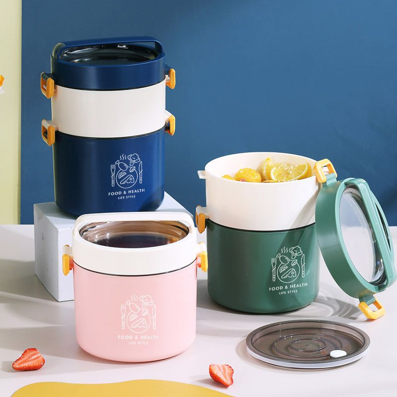 Student Round Plastic Lunch Box Microwave Safe Office Worker Portable Round Bucket Lunch Bento Box