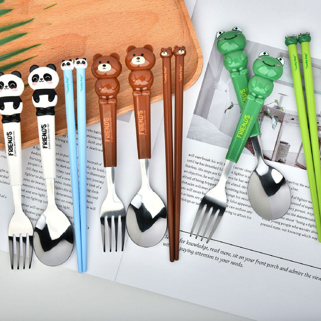 Cartoon Little Bear Frog Kids Stainless Steel Tableware Set Student Travel Portable Spoon, Fork and Chopsticks 3-Piece Set Gift