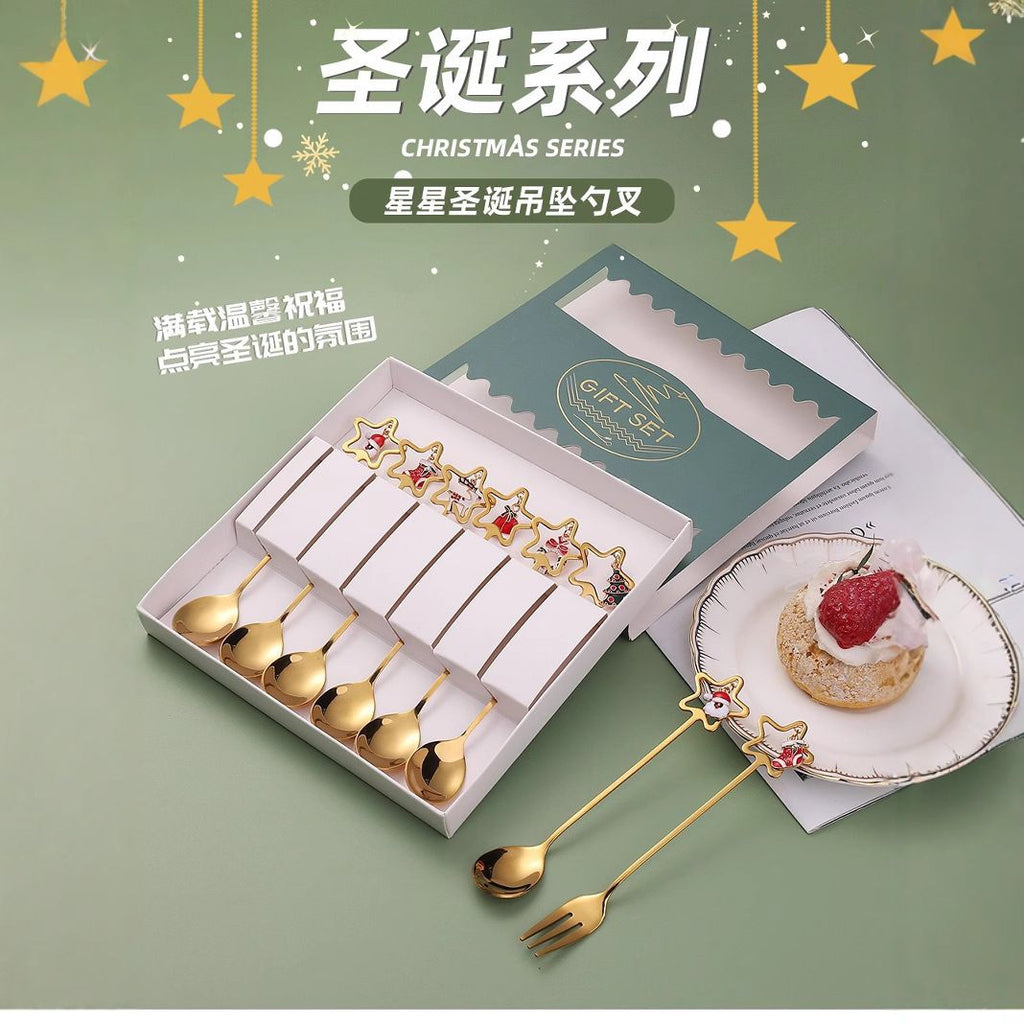 Cute Five-Pointed Star Spoon and Fork Set Stainless Steel Stirring Spoon Dessert Cake Fruit Fork Gift Box Set