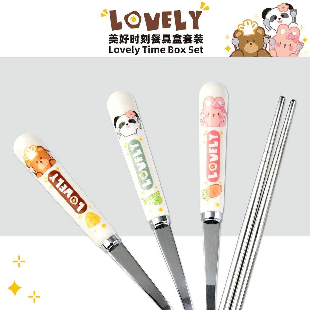 Cartoon Student Spoon and Chopsticks Stainless Steel Tableware Set Travel Portable Outdoor Kids Tableware 2-Piece Set