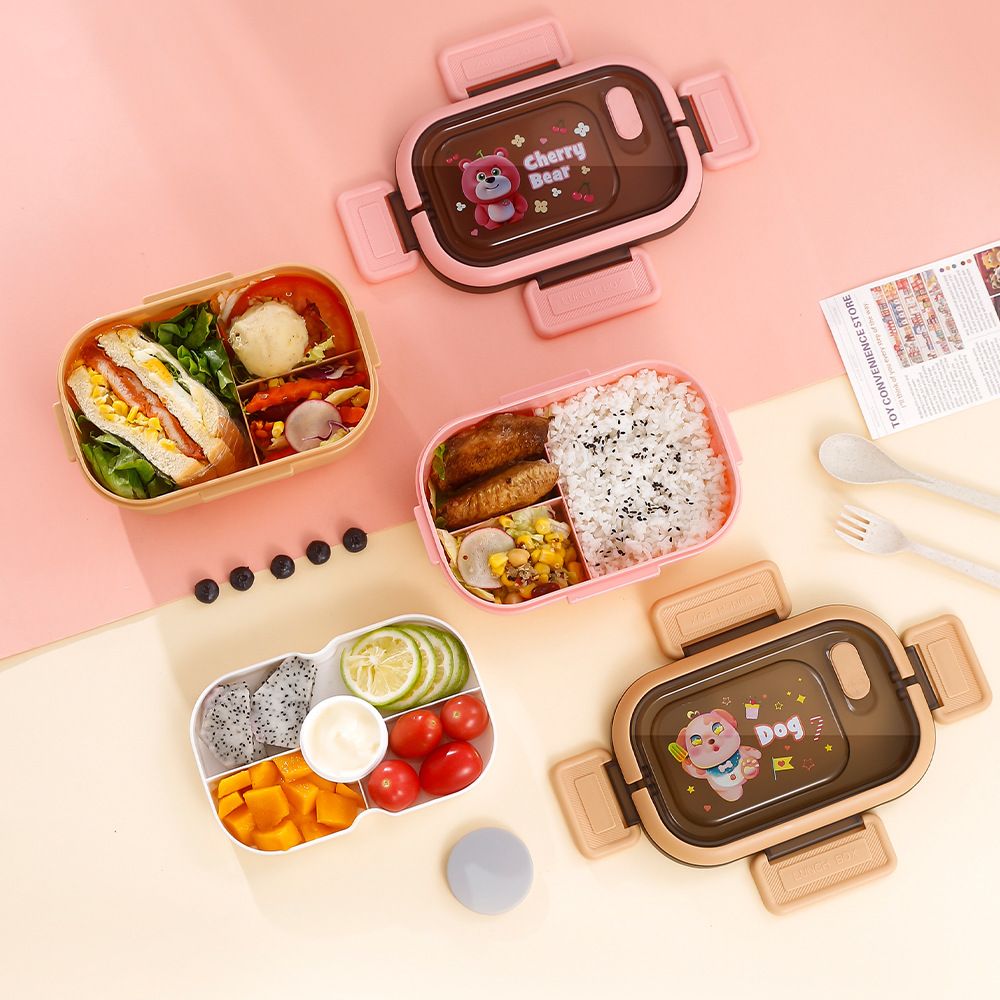 Student Cartoon Compartment Lunch Box with Handle Food Container Office Worker Lunch Bento Box Large Capacity with Cutlery