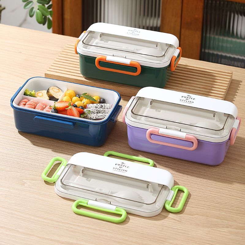 Student Buckle Compartment Plastic Lunch Box Office Worker Portable Lunch Bento Box Microwave Safe with Cutlery Spoon