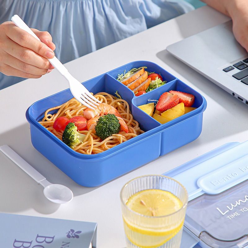 Japanese Style Student Plastic Lunch Box Compartment with Lid Tableware Spoon and Fork Office Worker Lunch Bento Box Microwave Safe
