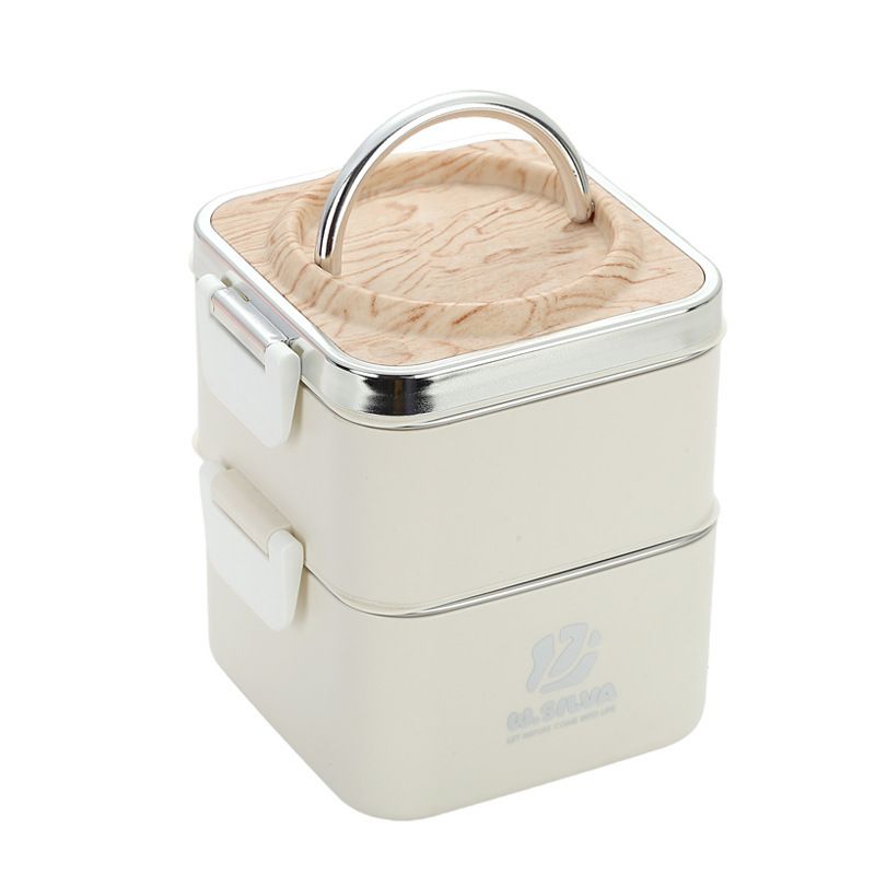 Student 304 Stainless Steel Wood Grain Lunch Box Double-Layer Portable Bento Box Freshness Box Adult Meal Prep Portable Lunch Box