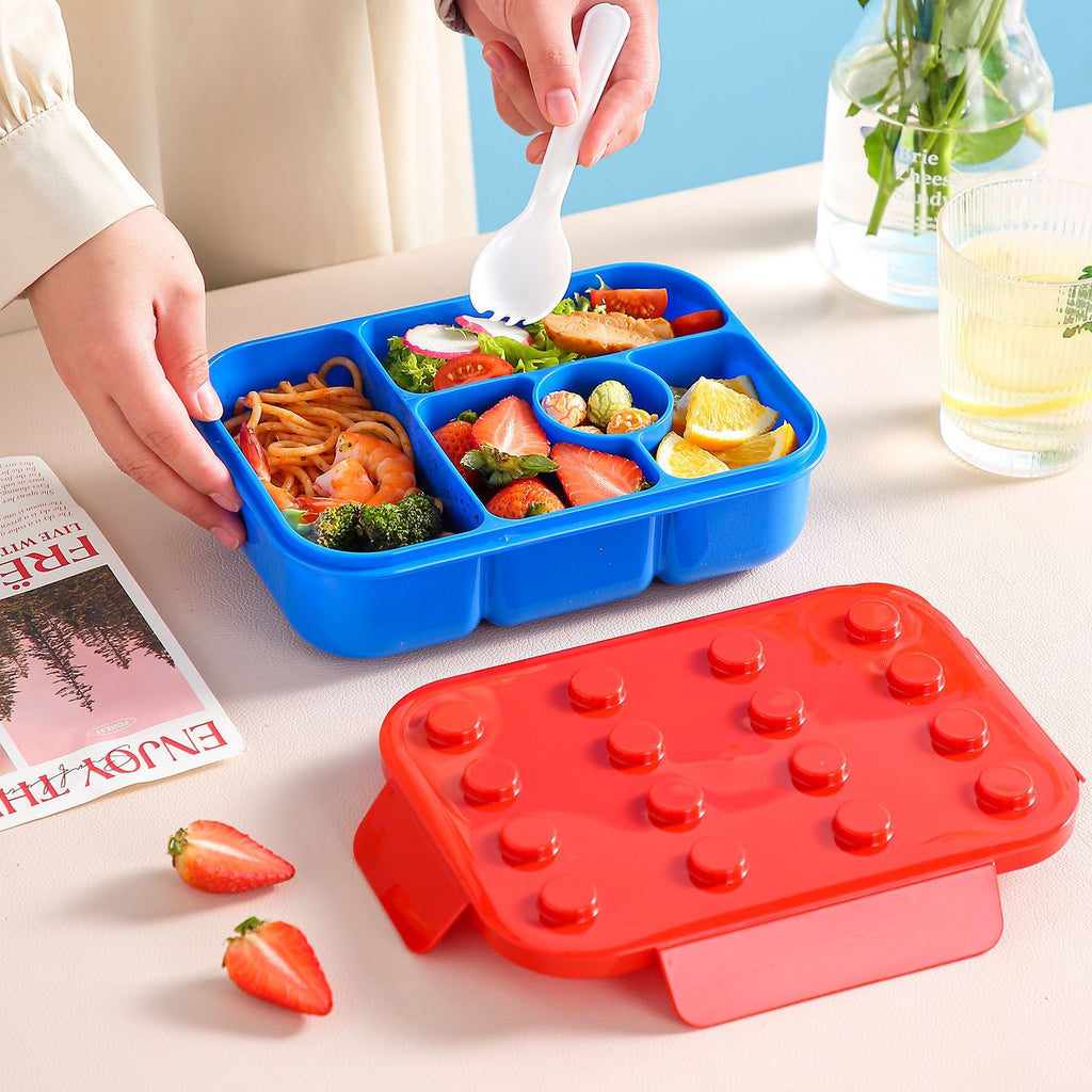 Creative Kids Building Blocks Lunch Box Student Compartment Lunch Bento Box Cafeteria Takeout Food Container with Cutlery