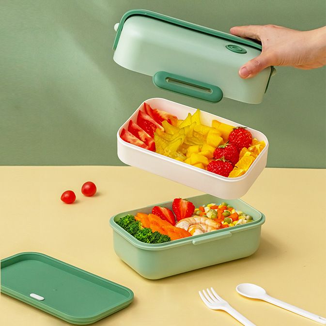 Student Double-Layer Compartment Lunch Box Office Worker Light Bento Box Microwave Safe with Spoon and Fork Portable Food Container