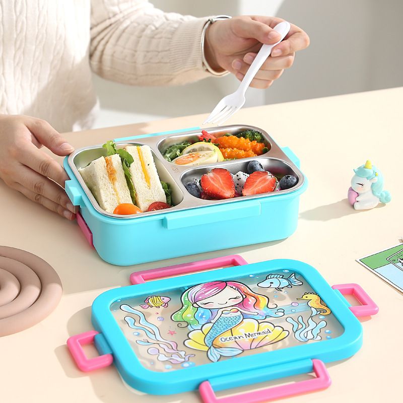 Student Cartoon 304 Stainless Steel Compartment Lunch Box with Lid Portable Buckle Takeout Lunch Bento Box Food Container