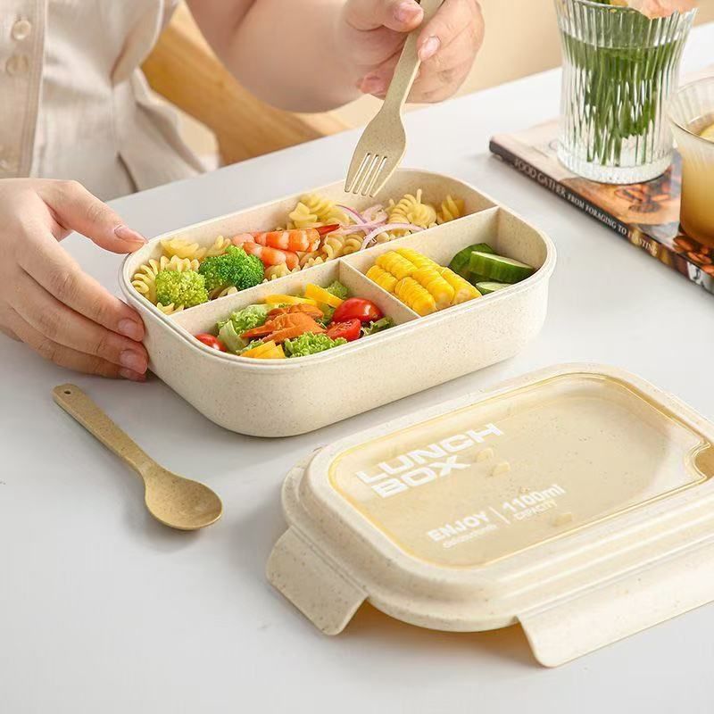 Minimalist Student Wheat Straw Compartment Lunch Box Office Worker Lunch Bento Box Microwave Safe Takeout Food Container