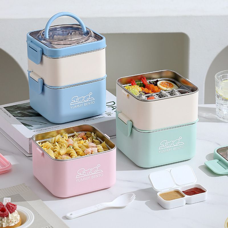 Student Square Double-Layer 304 Stainless Steel Compartment Lunch Box Office Worker Lunch Bento Box with Handle Portable Food Container