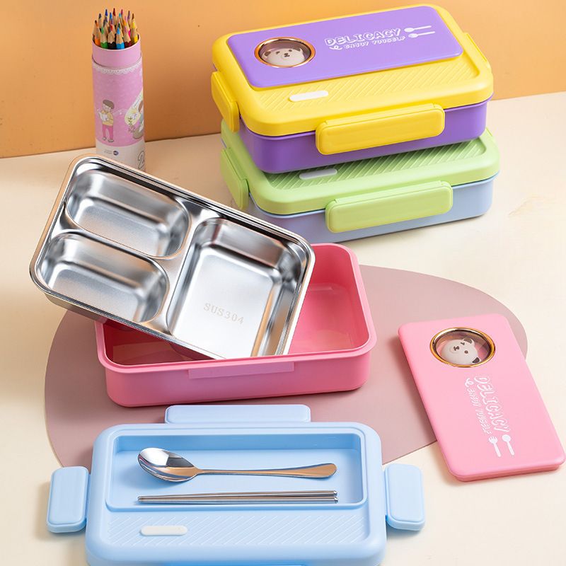Cartoon Student 304 Stainless Steel Compartment Lunch Box Office Worker Buckle Bento Box with Spoon and Fork Kids Food Container