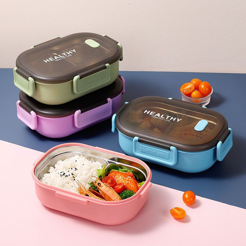 Student Cartoon 304 Stainless Steel Compartment Lunch Box Office Worker Buckle Bento Box Water Cup Tableware Set