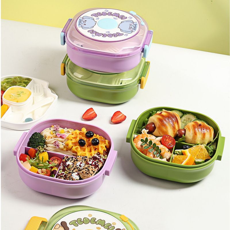 Cartoon Kids Cute Plastic Compartment Lunch Box with Lid Sauce Box Student Lunch Bento Box Food Container Spoon and Fork