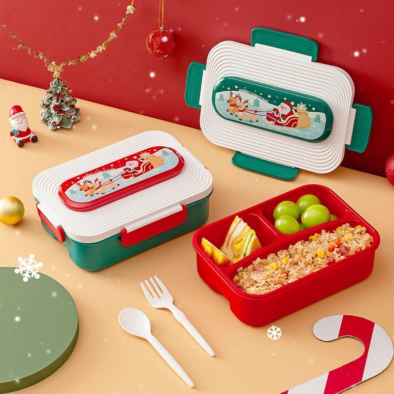 Creative Square Christmas Lunch Box Student Compartment Lunch Bento Box Microwave Safe Heating with Spoon and Fork