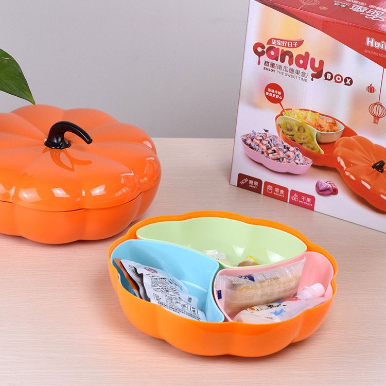 Creative Pumpkin Shape Compartment Snack Nut Storage Box with Lid Household Living Room Sunflower Seeds Walnuts Candy Box