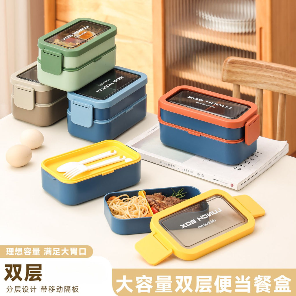 Creative Japanese Style Student Double-Layer Portable Bento Box Office Worker Cafeteria Compartment Lunch Box with Spoon and Fork Custom Logo Print