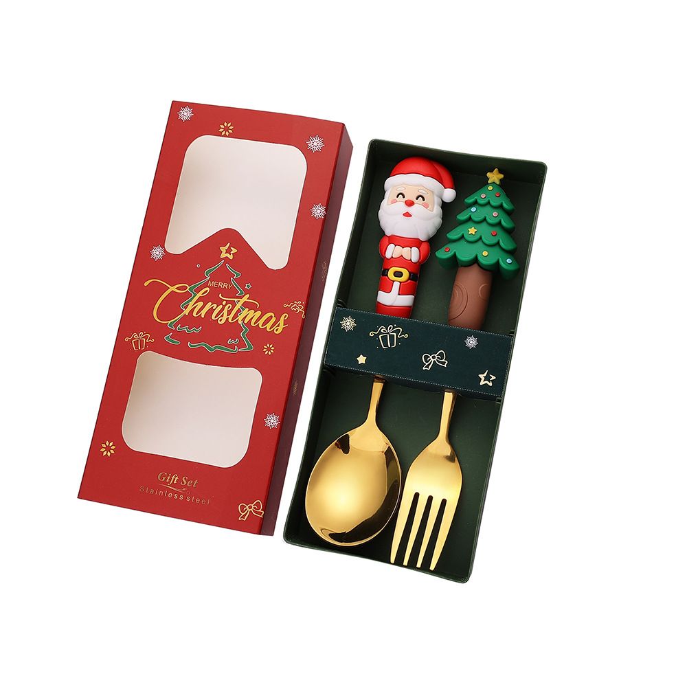 Christmas Spoon and Fork Creative Cartoon Santa Claus Reindeer Coffee Spoon Dessert Spoon Fruit Fork Gift Set