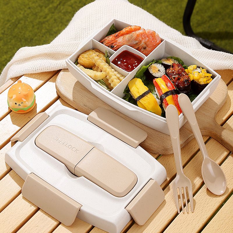 Minimalist Wheat Compartment Lunch Box with Cutlery Office Worker Microwave Safe Portable Lunch Bento Box
