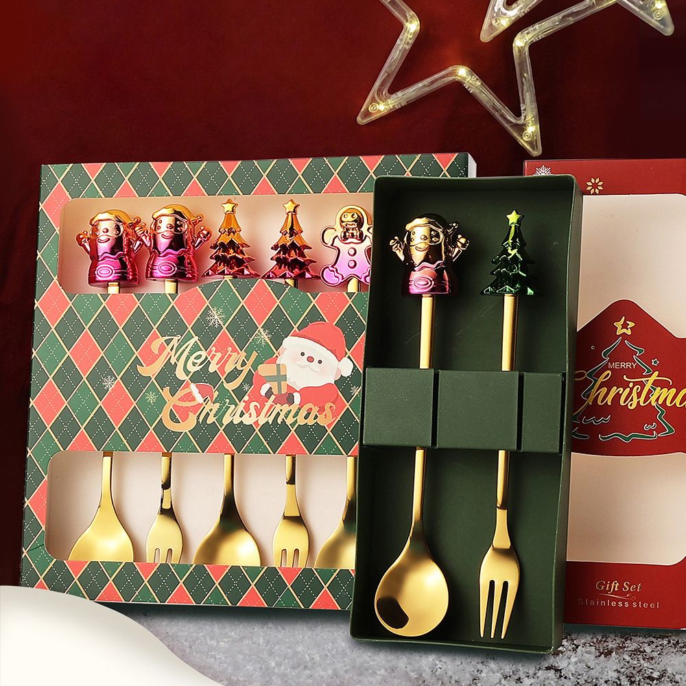 Colorful Christmas Spoon and Fork Set Iridescent Dessert Spoon Fruit Fork Tableware Gift Box Christmas Reindeer Coffee Spoon