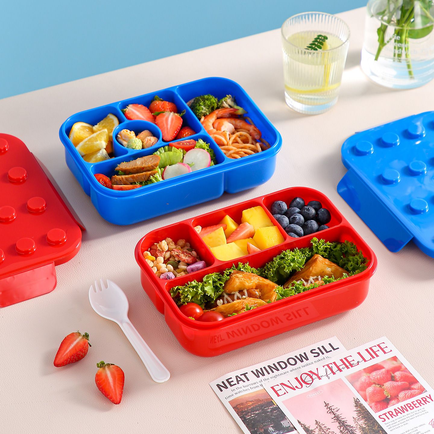 Creative Kids Building Blocks Lunch Box Student Compartment Lunch Bento Box Cafeteria Takeout Food Container with Cutlery