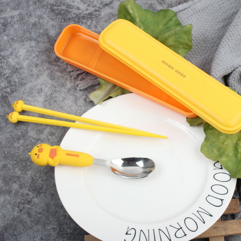 Cartoon Rabbit 304 Stainless Steel Kids Tableware Set Student Travel Portable Spoon and Chopsticks 2-Piece Set Gift Logo