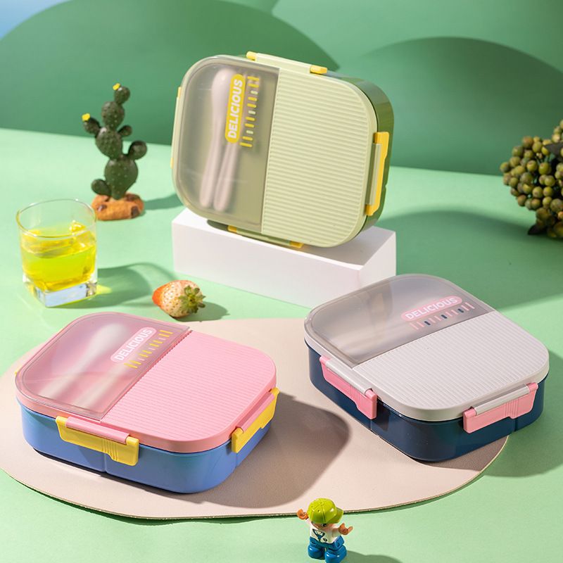 Minimalist Student Rectangular Compartment Plastic Lunch Box with Cutlery Microwave Safe Food Container Water Cup Set
