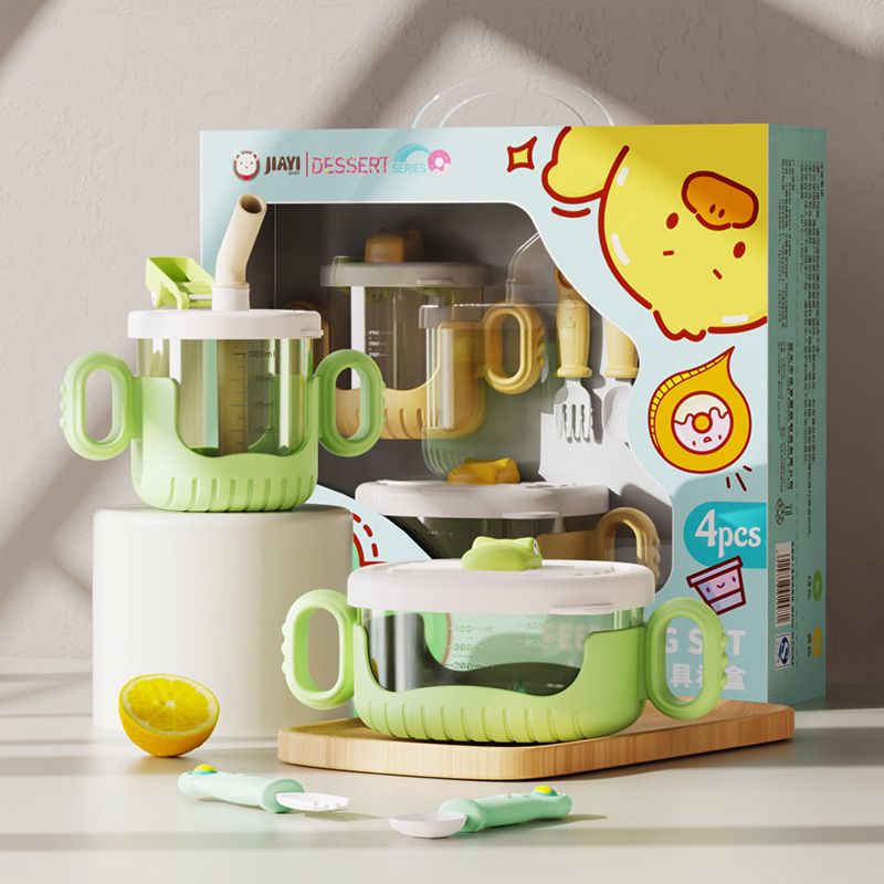 Cartoon Kids Crocodile Water Cup Baby Food Bowl Spoon and Fork Tableware Set Baby Study Eating Bowl with Scale Straw
