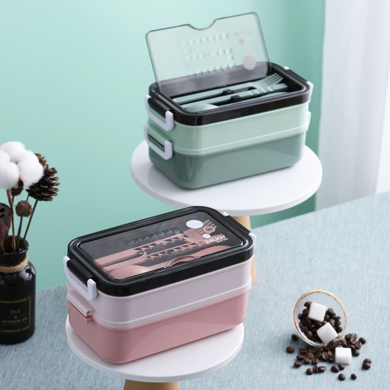 Stainless Steel Double-Layer Lunch Box Office Worker Lunch Box Compartment Soup Bowl with Cutlery Water-Fillable Portable Bento Box