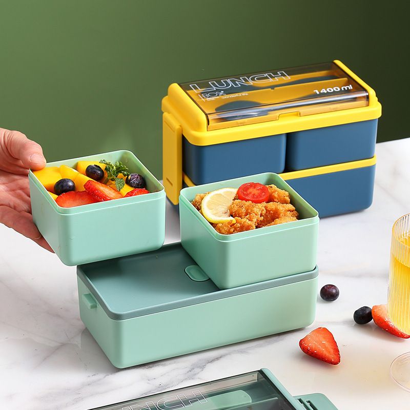 Minimalist Multi-Layer Compartment Office Worker Microwave Safe Heating Lunch Box Japanese Style Double-Layer Bento Box with Spoon and Fork Tableware