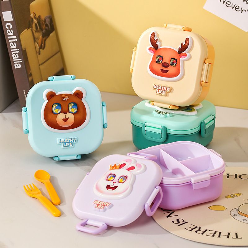 Kids Cartoon Cute and Fun Square Double-Layer PP Plastic Lunch Box with Cutlery Student Lunch Bento Box with Lid Microwave Safe