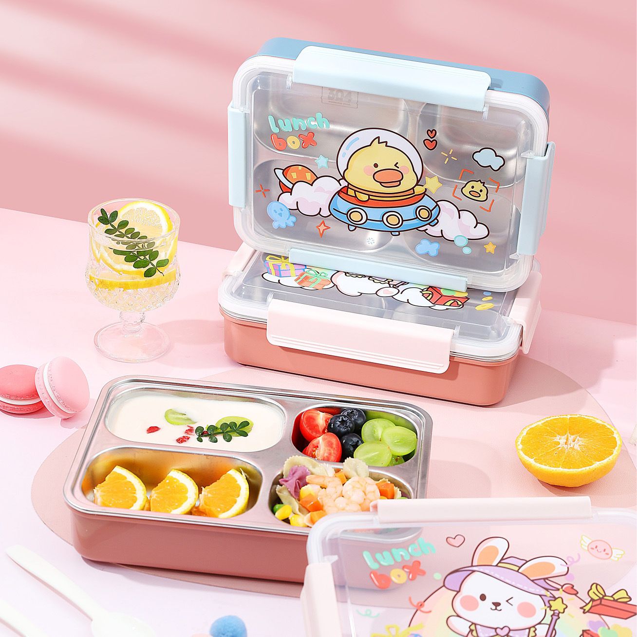 Cartoon Student 304 Stainless Steel Compartment Lunch Box Dorm Cafeteria Takeout Food Container Portable Travel Lunch Bento Box