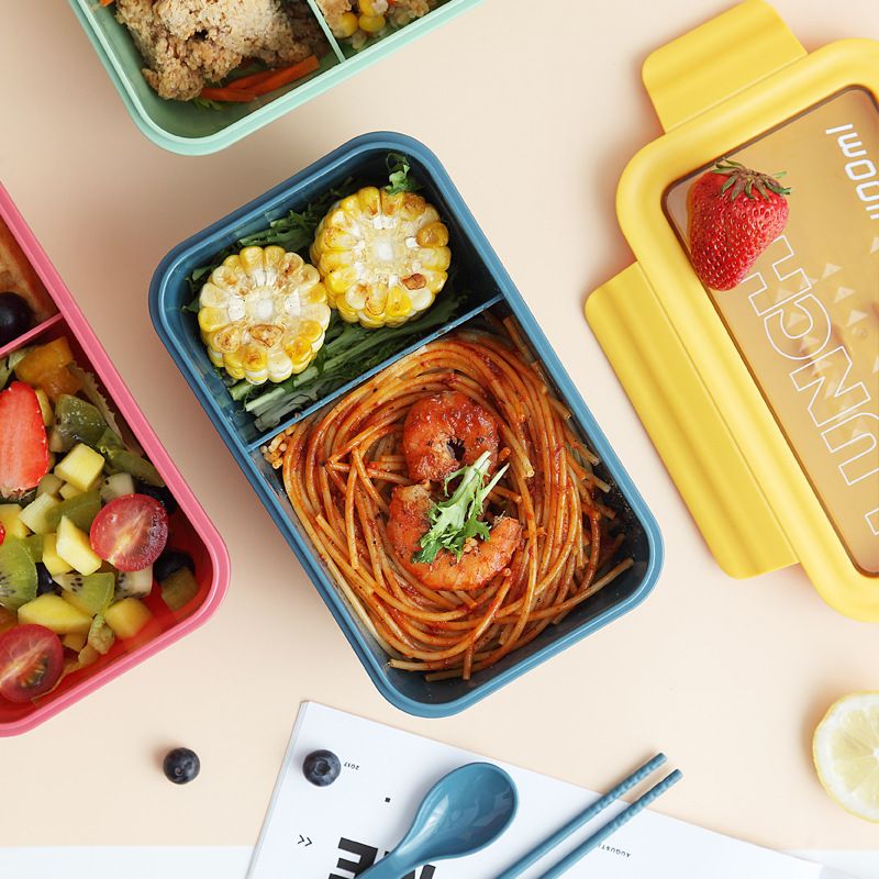 Plastic Lunch Box Japanese Style Bento Box Minimalist Student Compartment Lunch Box with Spoon and Chopsticks Custom Print Logo