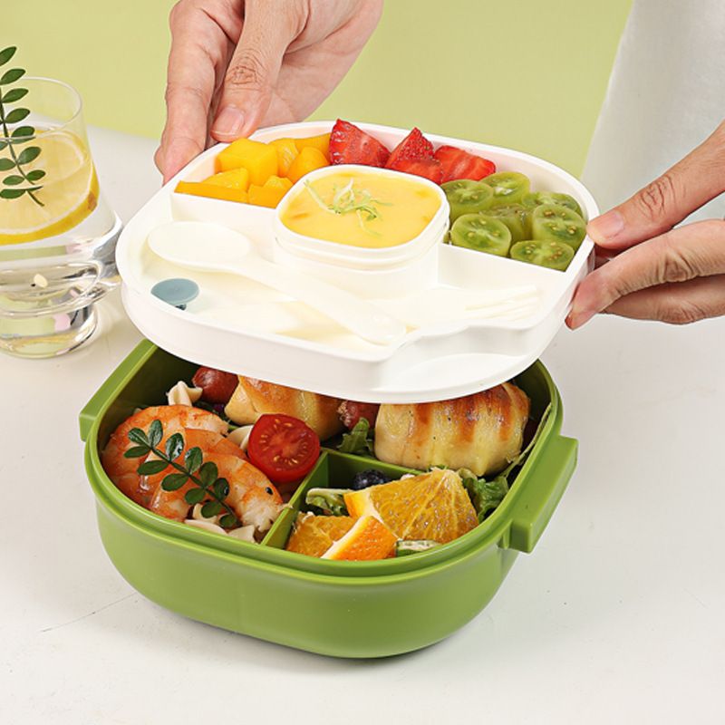 Cartoon Kids Cute Plastic Compartment Lunch Box with Lid Sauce Box Student Lunch Bento Box Food Container Spoon and Fork