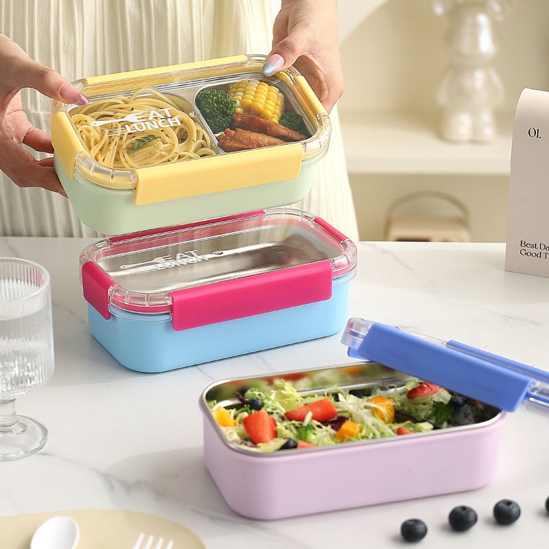 Student Dopamine 304 Stainless Steel Compartment Lunch Box Office Worker Cafeteria Takeout Lunch Bento Box Spoon and Fork Cutlery