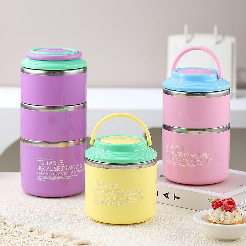 Minimalist Household 304 Stainless Steel Round Lunch Box with Handle Student Multi-Layer Lunch Bento Box Portable Meal Prep Food Container