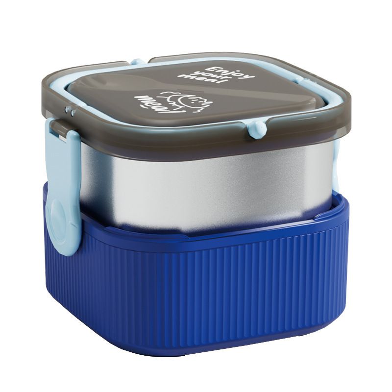 Student Stainless Steel Double-Layer Lunch Box with Handle Household Kids Square Bento Food Container with Cutlery Plastic Lunch Box