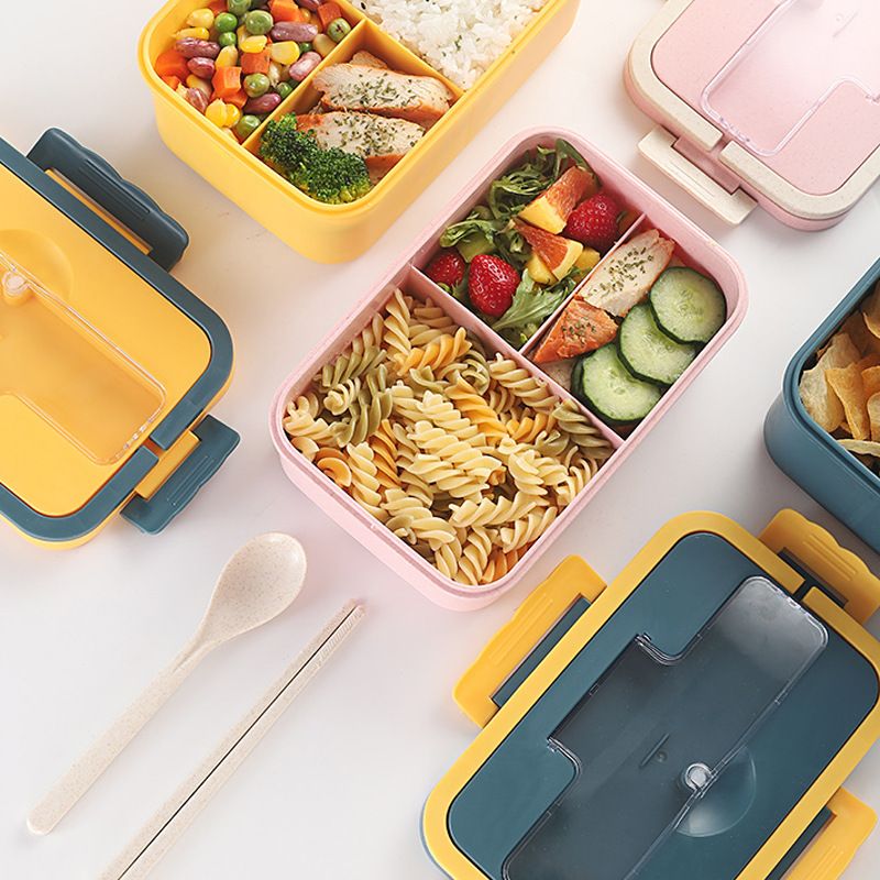 Wheat Straw Compartment Lunch Box Student Japanese Style Compartment Bento Box with Spoon and Chopsticks Microwave Safe Freshness Box