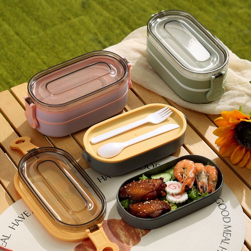 Minimalist Student Double-Layer Plastic Lunch Box Office Worker Lunch Bento Box with Spoon and Fork Camping Portable Small Food Container