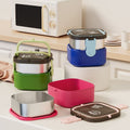 Student Stainless Steel Double-Layer Lunch Box with Handle Household Kids Square Bento Food Container with Cutlery Plastic Lunch Box