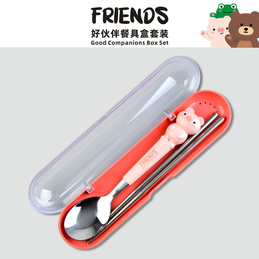 Cartoon Little Pig Frog Stainless Steel Tableware Set Student Spoon and Chopsticks Storage Box 2-Piece Set Portable Travel