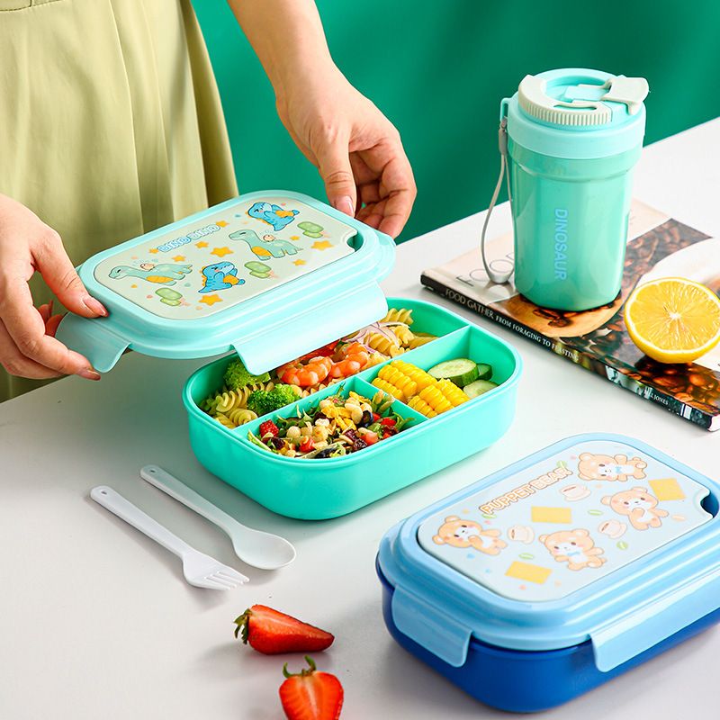 Cartoon Dinosaur Student Plastic Compartment Lunch Box Office Worker Lunch Bento Box Microwave Safe with Spoon and Fork
