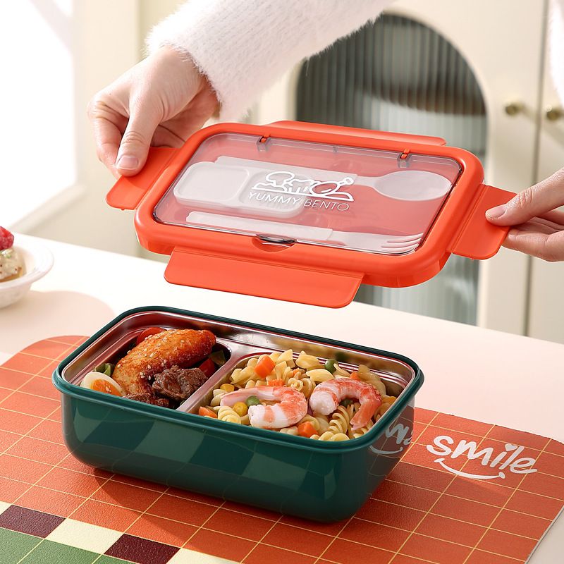 Minimalist Student 304 Stainless Steel Compartment Lunch Box with Spoon and Fork Sauce Box Office Worker Takeout Lunch Bento Box