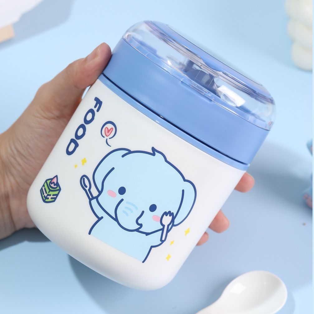 Student 304 Stainless Steel Cartoon Water Cup with Spoon Office Worker Portable Soup Cup Porridge Jar