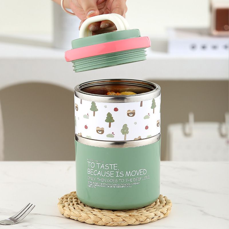 Student Minimalist Double-Layer 304 Stainless Steel Round Bucket Lunch Box Office Worker Lunch Bento Box Portable Food Container