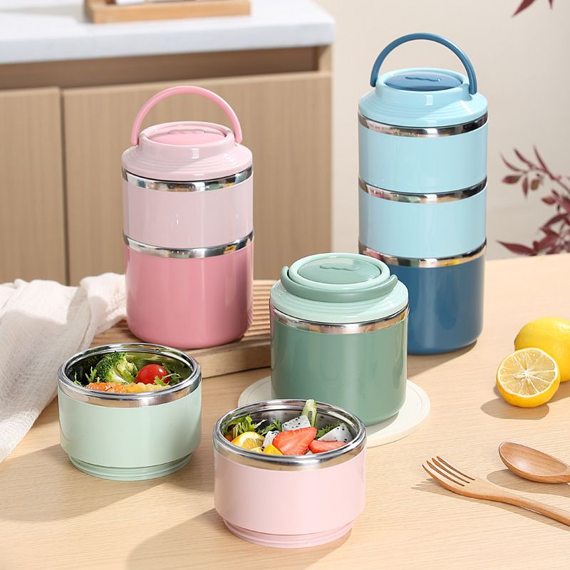 Student Multi-Layer 304 Stainless Steel Round Lunch Box Office Worker Lunch Bento Box Soup Cup and Porridge Jar