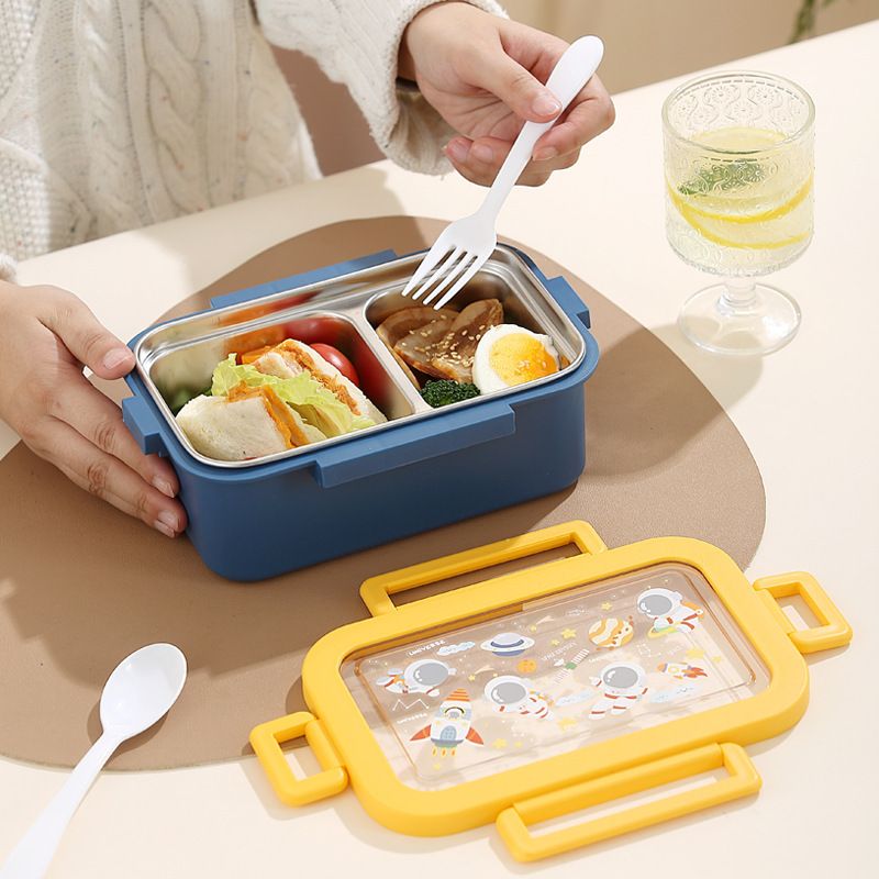 Student 304 Stainless Steel Compartment Cartoon Lunch Box Office Worker Takeout Buckle Bento Box with Cutlery