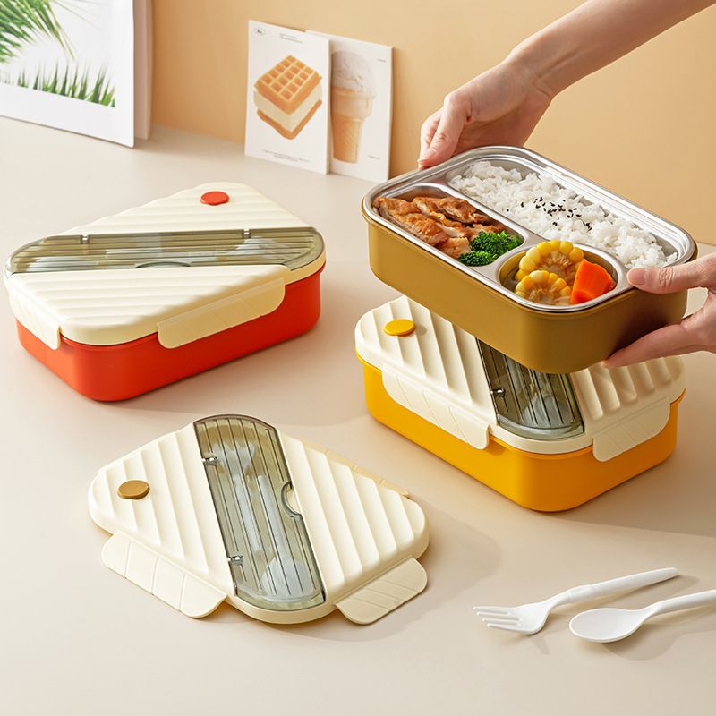 Student Rectangular Minimalist Compartment 304 Stainless Steel Lunch Box with Cutlery Office Worker Lunch Box Bento Box