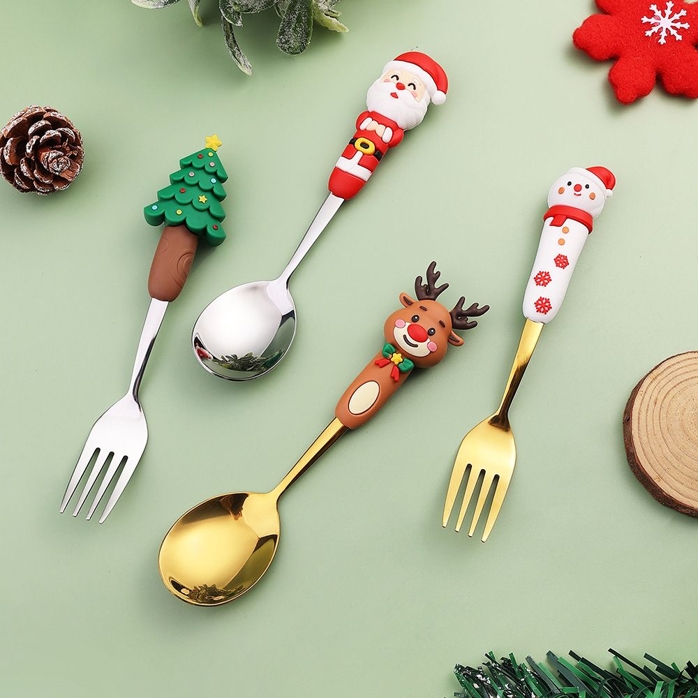 Christmas Spoon and Fork Creative Cartoon Santa Claus Reindeer Coffee Spoon Dessert Spoon Fruit Fork Gift Set
