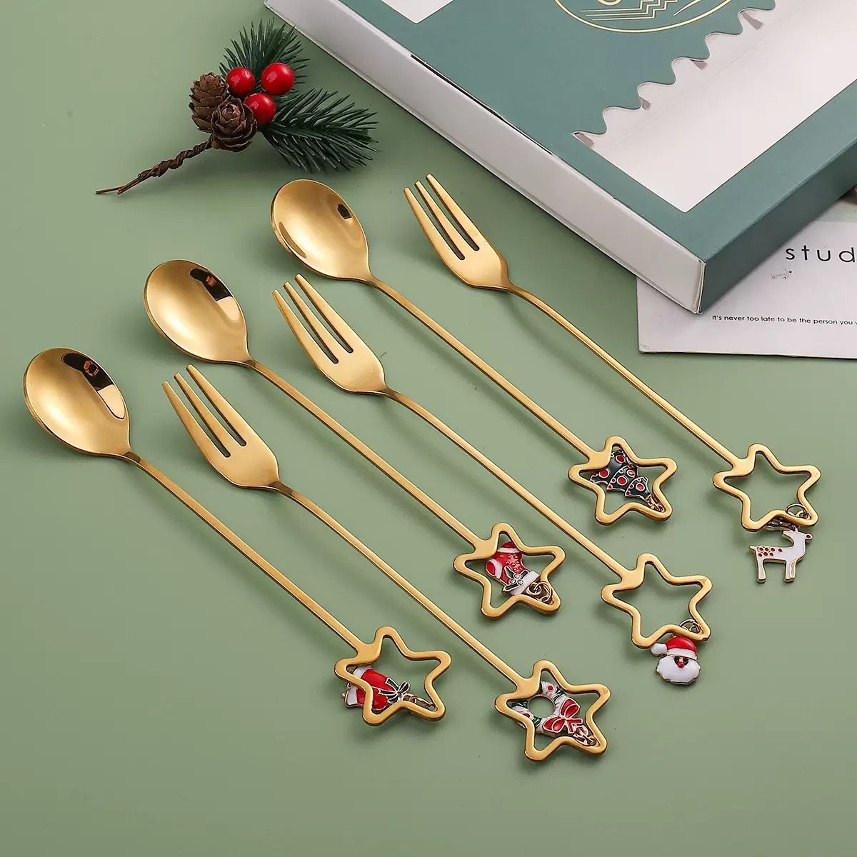 Cute Five-Pointed Star Spoon and Fork Set Stainless Steel Stirring Spoon Dessert Cake Fruit Fork Gift Box Set