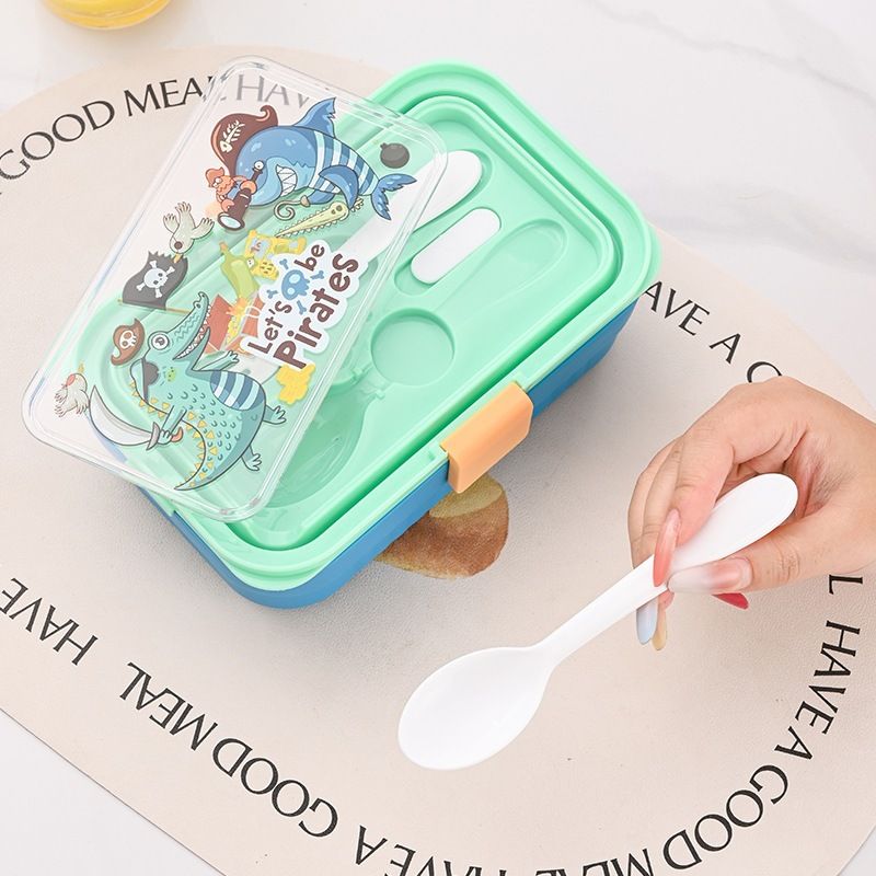 INS Style Plastic Bento Box Student Cartoon Compartment Lunch Box with Spoon and Fork Microwave Safe Lunch Box