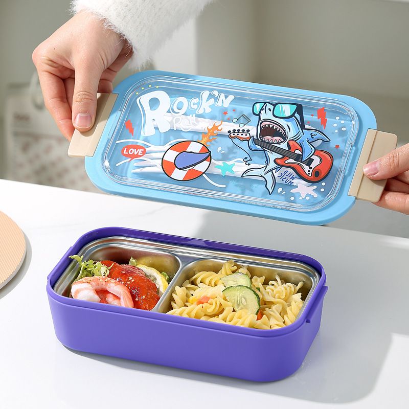 Cartoon Rectangular 304 Stainless Steel Compartment Lunch Box Student Dorm Takeout Lunch Bento Box with Lid Spoon